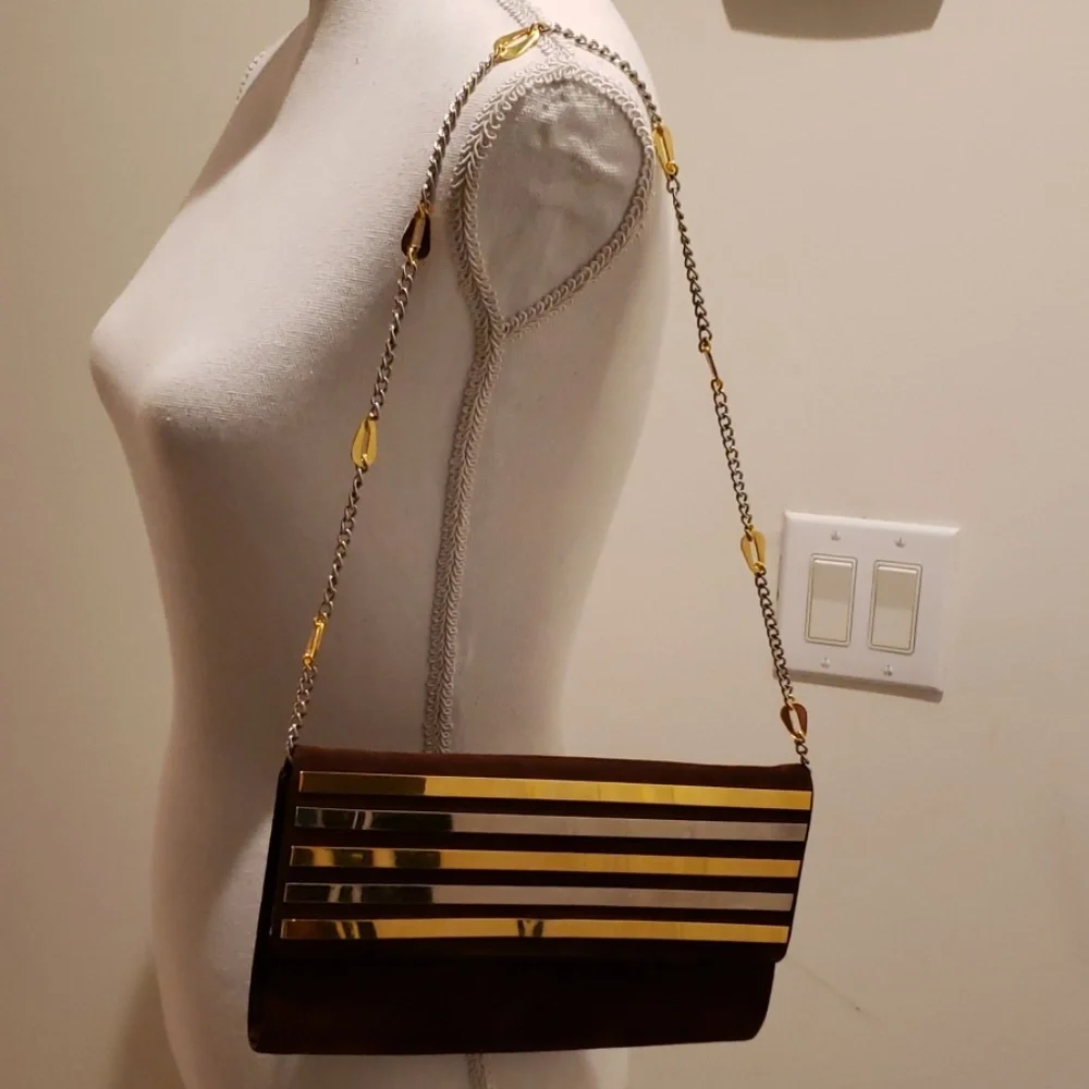 Lord & Taylor Brown Clutch with Gold Striped Accent